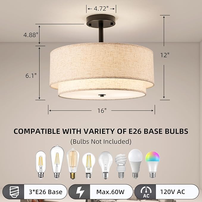 Drum Semi Flush Mount Ceiling Light, 16 inch 3 Lights Ceiling Light Fixture with 2-Layer Fabric Shade, Black Farmhouse Drum Ceiling Lighting for Bedroom Hallyway Dining Room Kitchen