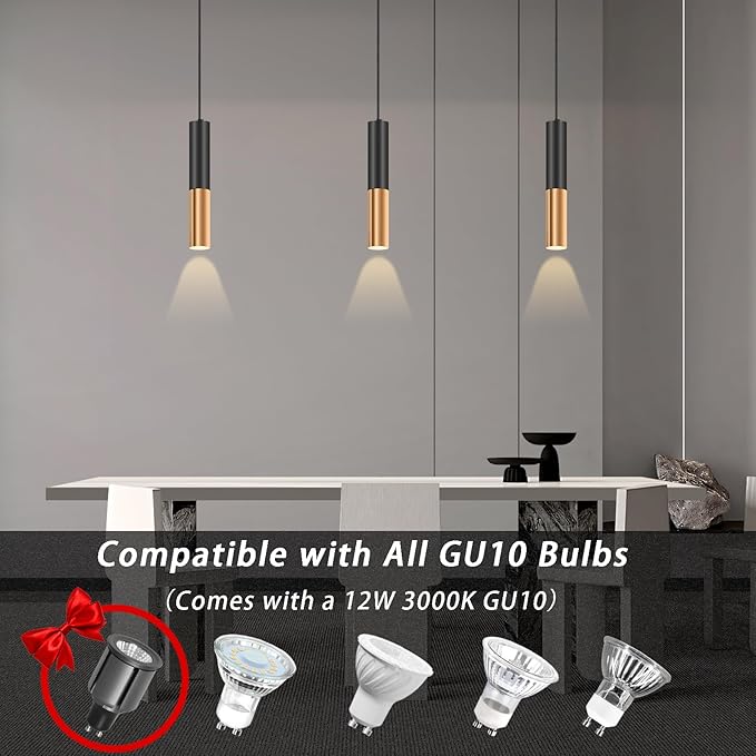 Simple and Modern Black Cylindrical Pendant, 1-Light Chandelier with Adjustable Rope, Matching GU10 Sockets for Living Room, Bedroom and Dining Room (Spotlight) (2 Pack)