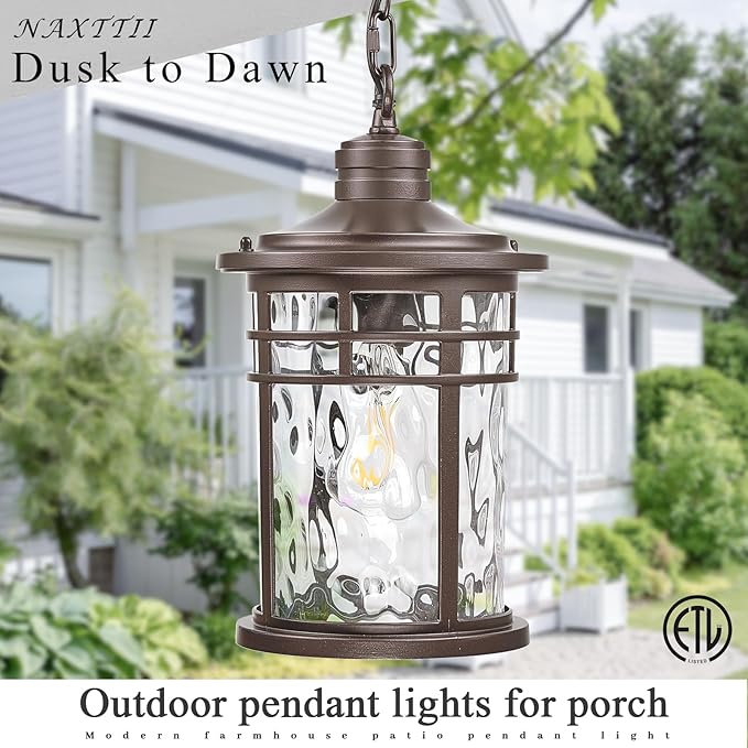 Large Outdoor Pendant Light Dusk to Dawn Hanging Porch Light Anti-Rust Aluminum Exterior Hanging Lighting Fixtures for Front Door Gazebo E26 Socket Oil Rubbed Bronze Finish