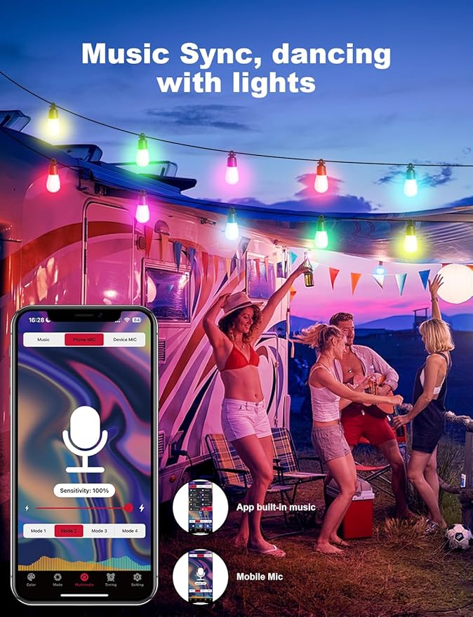 Outdoor String Lights APP Control with Remote, 64(52+12) ft RGB+IC+Warm White Outdoor Lights 18 LED Bulbs Music Sync for Garden Party Decor Christmas