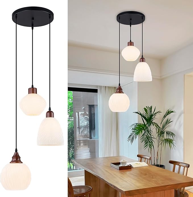 Cluster Pendant Lights with for Kitchen Island 3-Light Pendant Light Fixtures with 3D Printed Ribbed Shade, Kitchen Island Lighting Adjustable Pendant Light for Dining Room, Kitchen