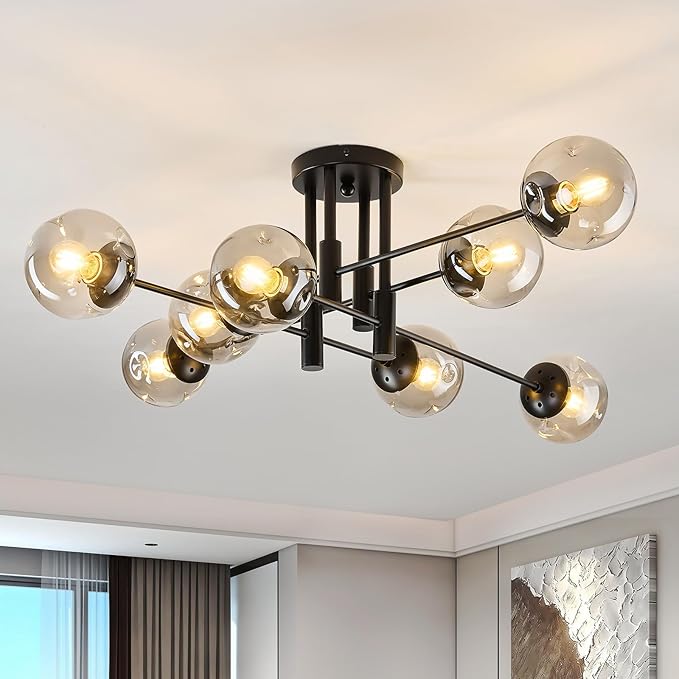 8 Light Sputnik Chandelier with Glass Globe Mid Century Modern Black Ceiling Light Fixture Large Flush Mount Chandelier for Dining Room Bedroom Living Room Kitchen.