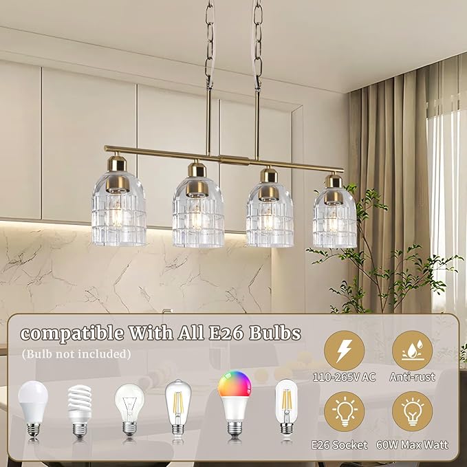 FRIXCHUR Gold Kitchen Island Lighting, 4-Lights Linear Chandelier Pendant Light with Clear Glass Shade, Height Adjustable Industrial Chandelier Pendant Light for Kitchen Island Dining Room