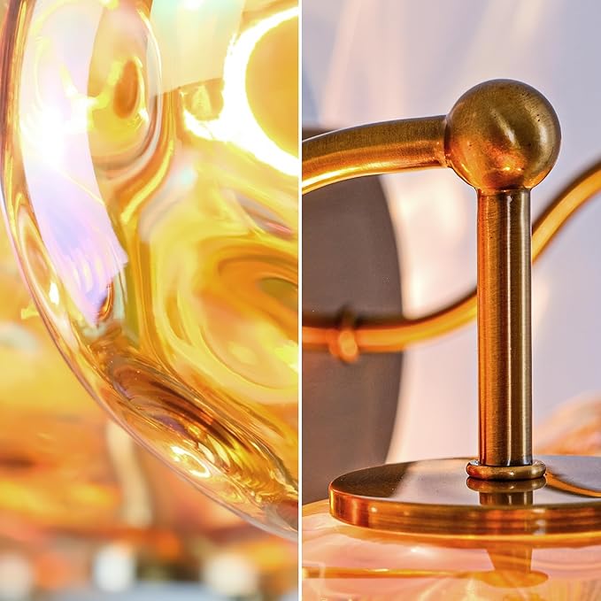 Brushed Gold Vanity Light Amber Hammered Glass Wall Sconce 2-Light Brass Wall Lamp for Hallway Living Room Stairwell Bathroom Over Mirror