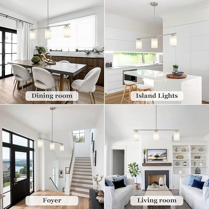 3-Light Kitchen Island Lighting Brushed Nickel Dining Room Light Fixture with Milk Glass Shade 31" Modern Linear Chandelier Adjustable Hanging Pendant Lighting Over Island Dining Table Living Room，E26