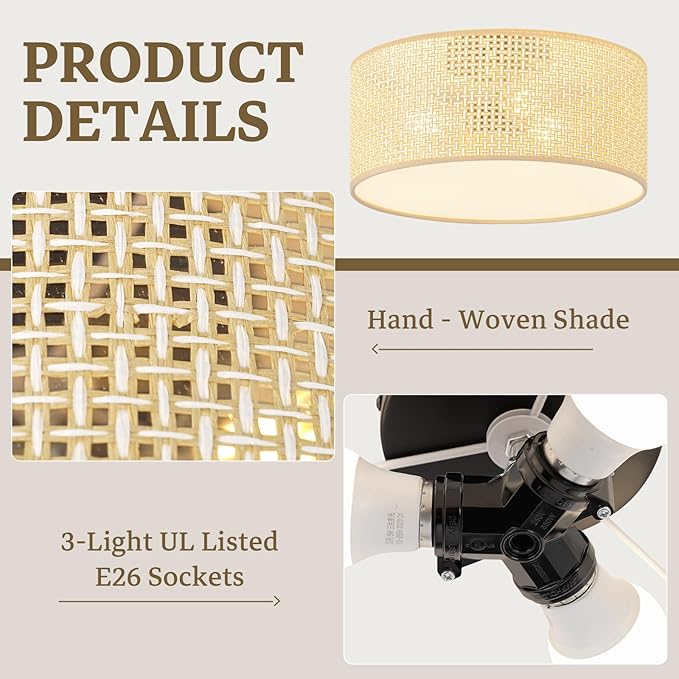 13Inch Boho Semi Flush Mount Ceiling Light,Natural Woven Drum 3-Light Ciling Fixture for Bedroom,Living Room,Dining Room,Kitchen,Hallway,Entryway,Coastal and Scandinavian Style Lighting