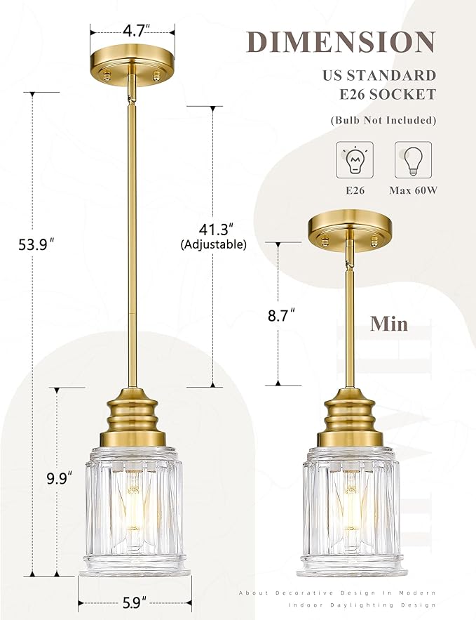 Brushed Gold Pendant Lights Kitchen Island 2 Pack, HWH 6 Inch Hanging Lights Fixtures with Bell-Shaped Fluted Clear Glass, Modern Kitchen Island Lighting, 5HZG106MIL-2L BG