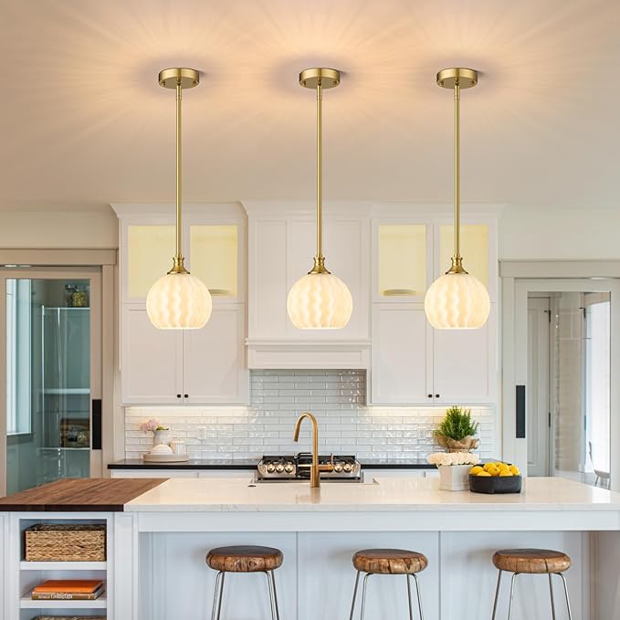 Brushed Gold Pendant Lights Kitchen Island, 7.3" Modern Milk Glass Pendant Light Fixtures with Rods, Adjustable Height Hanging Lighting for Kitchen Sink Bathroom Dining Room