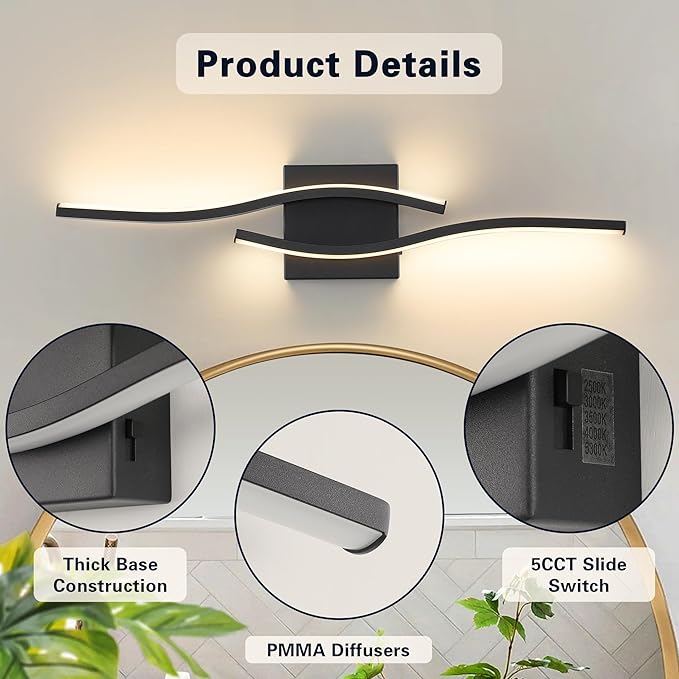 Joossnwell Vanity Light for Bathroom Lighting Fixtures Over Mirror Black Dimmable 5CCT Vanity Lighting Fixture Modern Bath Vanity Lights Bar 23 Inch Led Bathroom Sconces