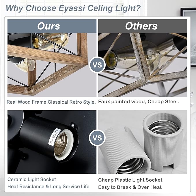 eyassi Wooden Flush Mount Ceiling Lights, 4-Light Farmhouse Close to Ceiling Lighting Fixtures Black Ceiling Lamp for Kitchen Island Living Room Bedroom Hallway Laundry Entryway
