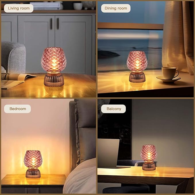 Battery Operated Lamp with Timer, Cute Small Cordless Glass Table Lamp for Home Decor, Kitchen, Bathroom, Birthday Gift for Women, Pinecone, Pink