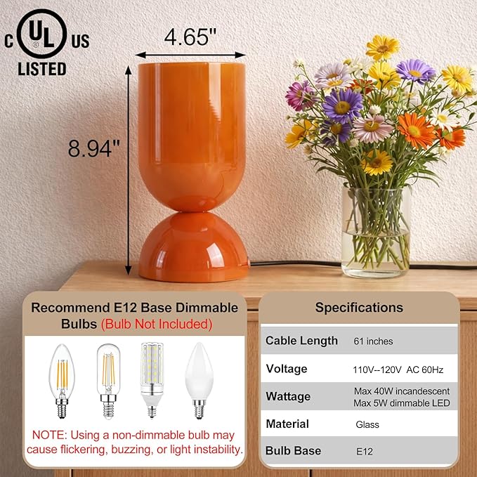 8.9" Modern Glass Table Lamp for Living Room, Dimmable Desk Lamps for Bedroom, UL Listed Nightstand Lamp with Dome Base, End Table Lamps for Home, Side Tables, College Dorm, Office, Glossy Orange