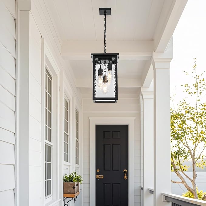 17'' Large Outdoor Pendant Lights for Porch, 3-Lights Matte Black Exterior Hanging Lantern with Hammer Glass, Outdoor Chandelier Ceiling Light Fixture for Patio, Gazebo, Entryway