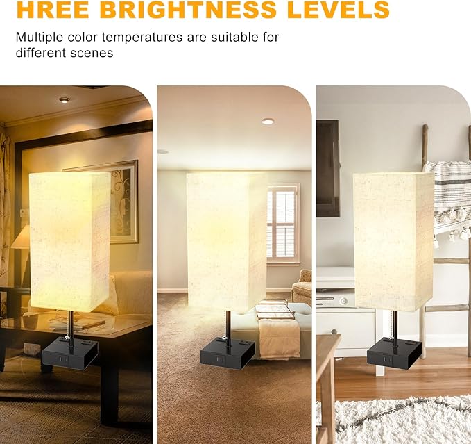 YIDPU Table Lamp for Bedroom with USB,Bedside Lamp with USB C+A Charging Ports,Adjustable 3color LED Light for Home Decor/Nightstand/Office,Included Bulb and Fabric Lamp Shade (Linen White, 1PCS)
