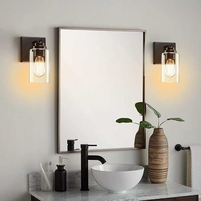 Pia Ricco Wall Sconces Set of Two, Bedside Wall Lamps with Rotary Switch for Bedroom, Modern Bathroom Light Fixtures with Clear Glass Shade, Black Sconces Wall Lights for Living Room, Hallway, Kitchen