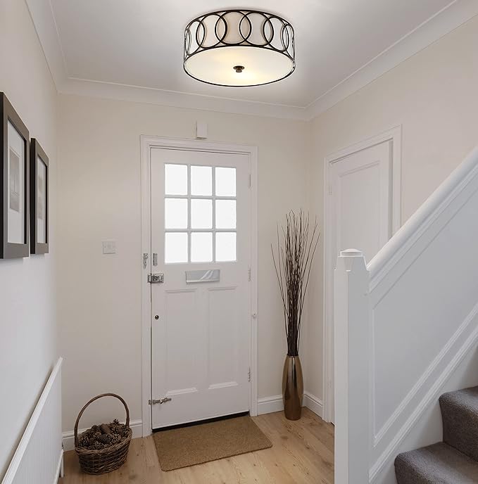 JONATHAN Y 12.25" Oil Rubbed Bronze 2-Light Modern Metal LED Flush Mount Ceiling Light for Bedroom Hallway, White Linen Drum Shade with Geometric Fretwork, LED Bulbs Included (JYL3502C)