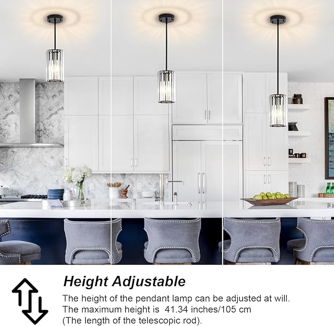 3 Pack Black Modern Crystal Pendant Lights, Hanging Light Fixtures Mini Kitchen Island Pendant Lights Adjustable Crystal Chandelier Fixture for Island Dining Room Hallway Bedroom