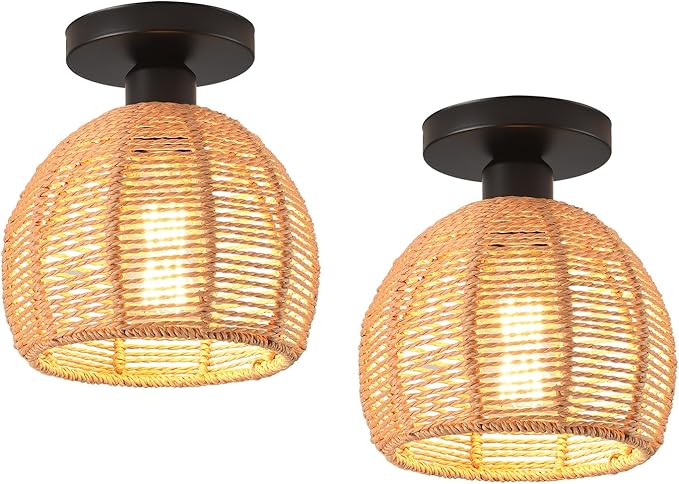 Hand-Woven Rattan Flush Mount Ceiling Light,Farmhouse Light Fixtures Ceiling Mount Boho for Hallway Bedroom Kitchen Entryway Living Room