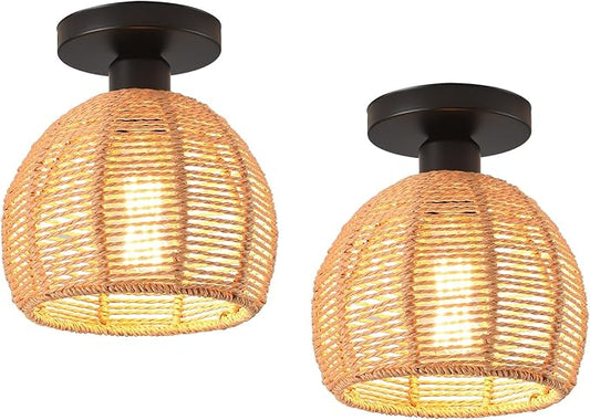 Hand-Woven Rattan Flush Mount Ceiling Light,Farmhouse Light Fixtures Ceiling Mount Boho for Hallway Bedroom Kitchen Entryway Living Room