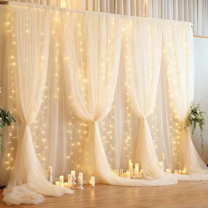 Ivory Tulle Backdrop Curtain with Lights Strings, Elegant Sheer Photo Backdrop Drapes 2 Panels, Soft Fabric Curtain for Weddings Brithday Baby Shower Parties Photography Background Decor,10ftx8ft