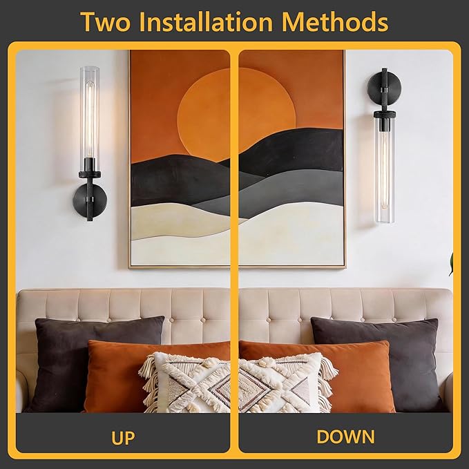Bathroom Sconces Set of 2, 19.5" Black Cylinder Wall Sconces, Vanity Lights for Bathroom Mirror with E26 Bulbs Included