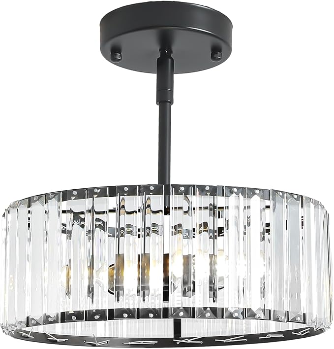 Black Crystal Chandelier for Dining Room,Modern Semi Flush Mount Ceiling Light Fixtures,3-Ligh Round Kitchen Hanging Drum Pendant Light Fixture for Hallway Entryway Foyer Laundry Room, 12''
