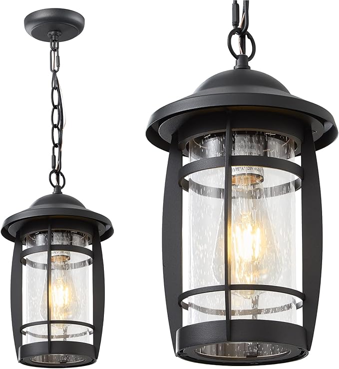 LOUSACE Outdoor Pendant Light - Adjustable Exterior Hanging Light Fixture Matte Black 1-Light Outdoor Chandelier Lantern Waterproof Aluminum with Seeded Glass for Front Porch, Gazebo, Patio, ETL List