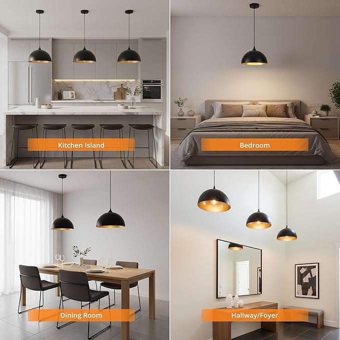 3 Pack Black Pendant Lights Kitchen Island 11.8" Modern Dome Pendant Light Fixtures Farmhouse Hanging Ceiling Light Fixture for Dining Room Foyer Hallway Bar Cafe Sink