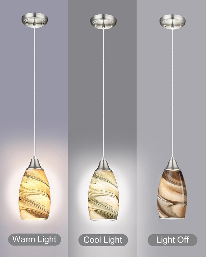 karyfine Mini Pendant Lights Kitchen Island Light Brown Glass Lamp Shade Hand Blown Glass Pendant Light with Brush Nickel Finish Adjustable Cord for Kitchen Over Sink, Dining Room (Light Brown-3P)