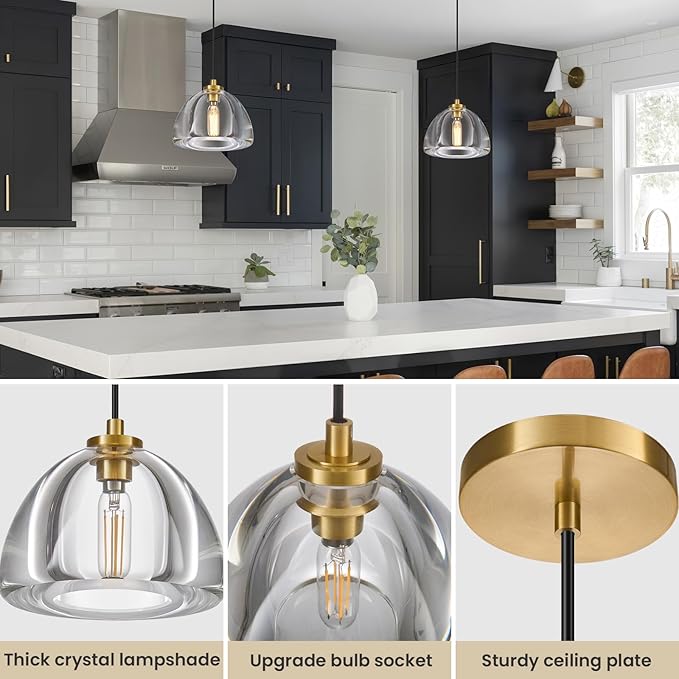 Crystal Pendant Light Kitchen Island: 2 Pack Luxury Brass Hanging Lights - 7" Modern Crystals Hemispher Lighting Fixture over Dining Table - Adjustable Gold Pendants Light for Bathroom Bulbs Included