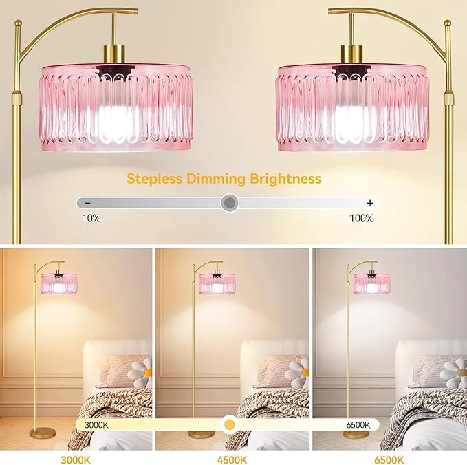 QIYIZM Pink Floor Lamp for Living Room,Bedroom,Gold Dimmable Standing Lamp with Remote,Mid Century Modern Brass Tall Lamp Boho Floor Lamps Arc Stained Glass Flower Floor Light Lamp Girls kids Bohemian