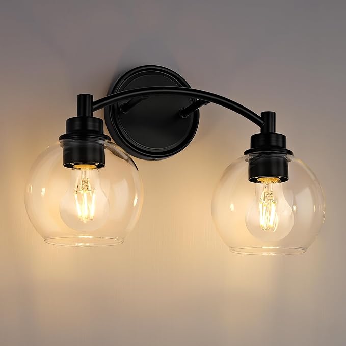 2-Light Vanity Light Fixture Over Mirror,Globe Bathroom Light with Clear Glass,Modern Black Wall Sconce,ZCVL02BK-2