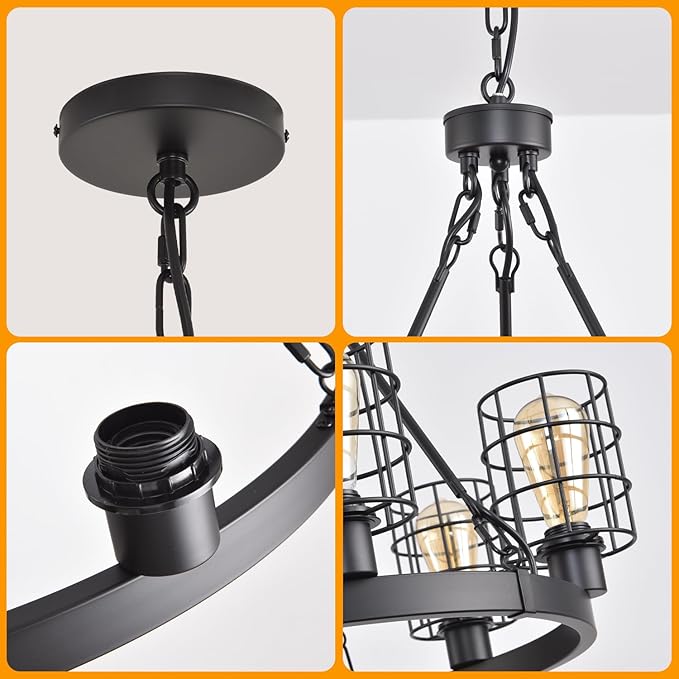 Wagon Wheel Chandelier Modern Farmhouse Pendant Light,Black Farmhouse Chandelier, 6-Light Wagon Wheel Chandelier with Adjustable Height, Dining Room Light Fixture, Hanging Lights