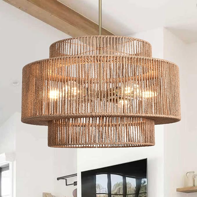 Large Rattan Chandelier 23.62" Boho Chandelier for Dining Room 3-Tier Hand Woven Boho Light Fixture 6 Light Modern Farmhouse Chandelier Kitchen Island Lighting