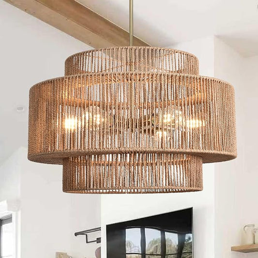 Large Rattan Chandelier 23.62" Boho Chandelier for Dining Room 3-Tier Hand Woven Boho Light Fixture 6 Light Modern Farmhouse Chandelier Kitchen Island Lighting