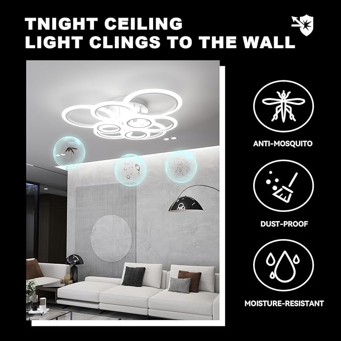 Modern LED Ceiling Light, 9 Ring Flush Mount Ceiling Light Fixture, Lampara de Techo con Control Remoto y App, 2800K-7000K Dimmable, 120W Chandeliers for Dining Room, Living Room, Bedroom