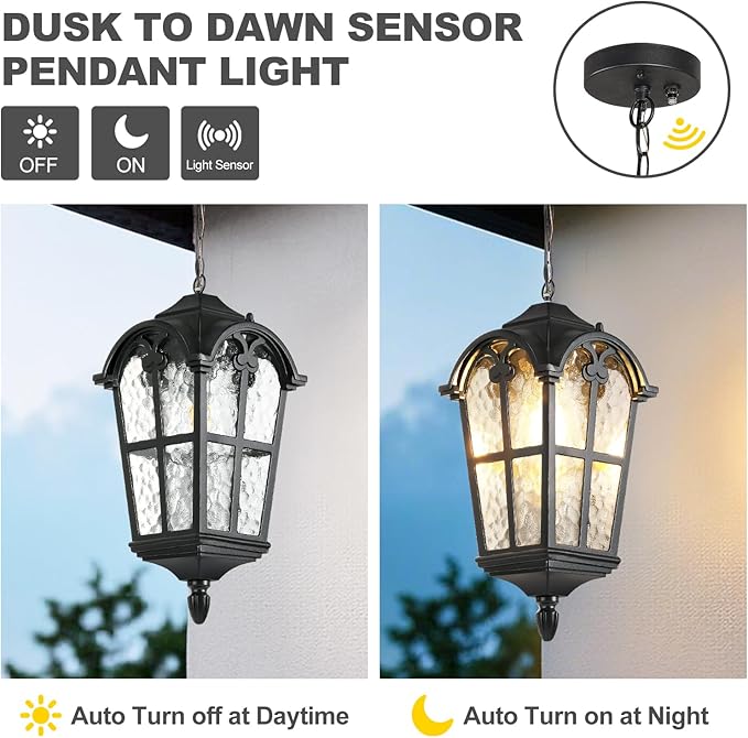 Dusk to Dawn Outdoor Pendant Lights for Porch Hallway Patio, Black Aluminium Exterior Hanging Light Fixture, Outside Waterproof Hanging Lantern Light, Height Adjustable Outdoor Pendant Lamp, 2 Pack