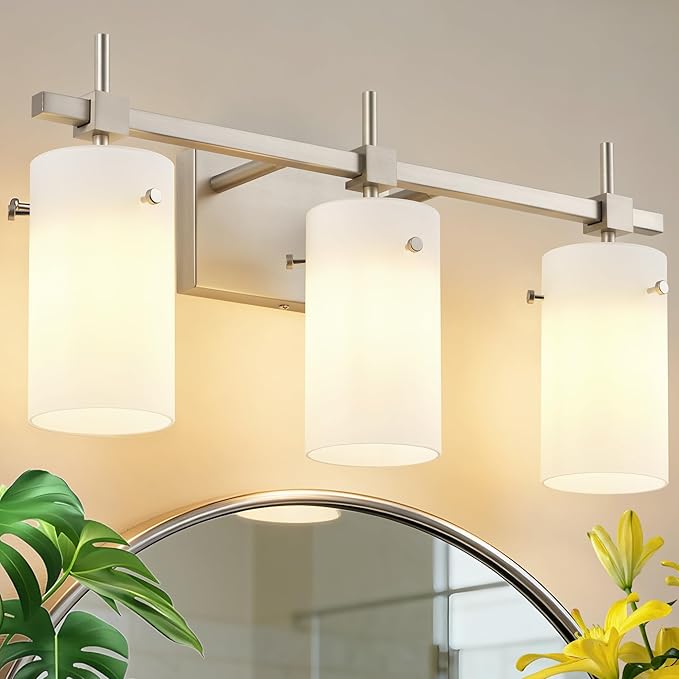 SOLFART Brushed Nickel Bathroom Light Fixtures, 3-Light Modern Vanity Light Over Mirror, Wall Sconces with Milky White Frosted Glass Shades, E26 Socket (Bulbs Not Included)