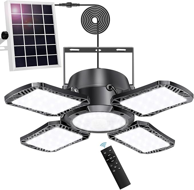 Auzev Solar Shed Light Indoor Outdoor Upgrade 176 LED 4 and 1 Heads Solar Powered Motion Sensor Pandent Daytime Work Lights with 4 Modes Remote Control Security lamp for Garage Gazebo Barn