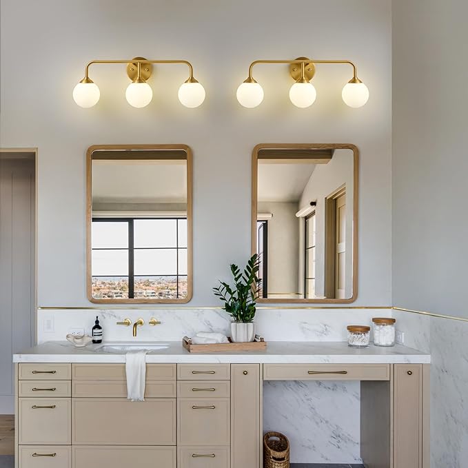 Bathroom Light Fixtures - 3 Light Brushed Brass Vanity Light Over Mirror for Bathroom Mirror Living Room Bedroom, Gold Bathroom Wall Sconce with Frosted Glass Shade, 3 G9 Bulbs Included