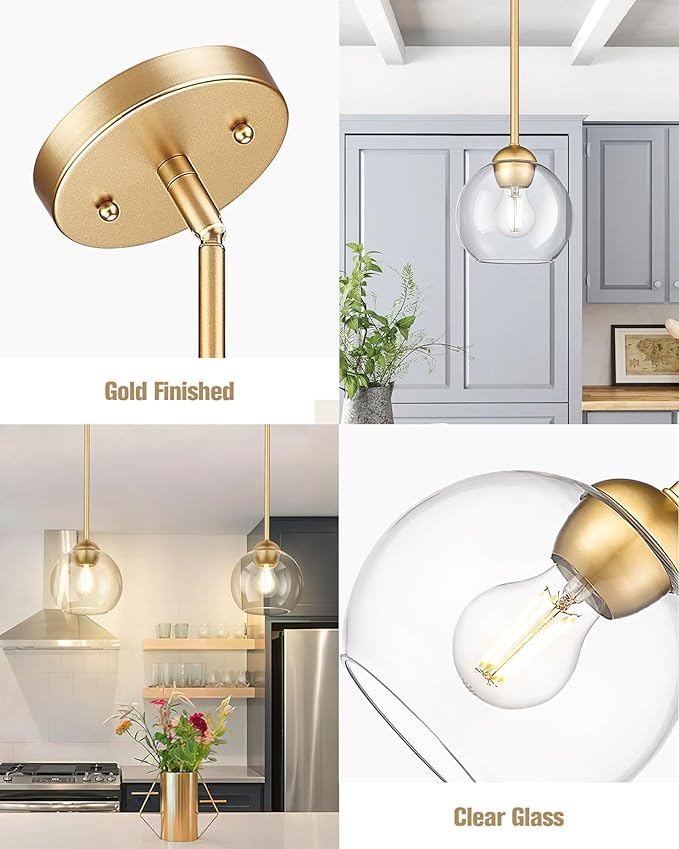 Emak Modern 7 Inch Globe Pendant Lights, Industrial Gold Pendant Light Fixtures, 1-Light Hanging Lights with Clear Glass Shade for Kitchen Island, Bedroom, Bathroom, Dining Room, Hallway, PL119-GD