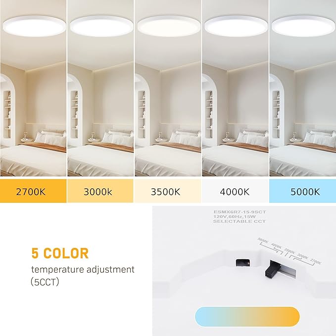 7 Inch LED Flush Mount Ceiling Light Fixture, 15W 5 CCT (2700K-5000K) Selectable Modern Ceiling Light Close to Ceiling Light,Dimmable Ceiling Light for Bedroom, Kitchen, Bathroom, Hallway