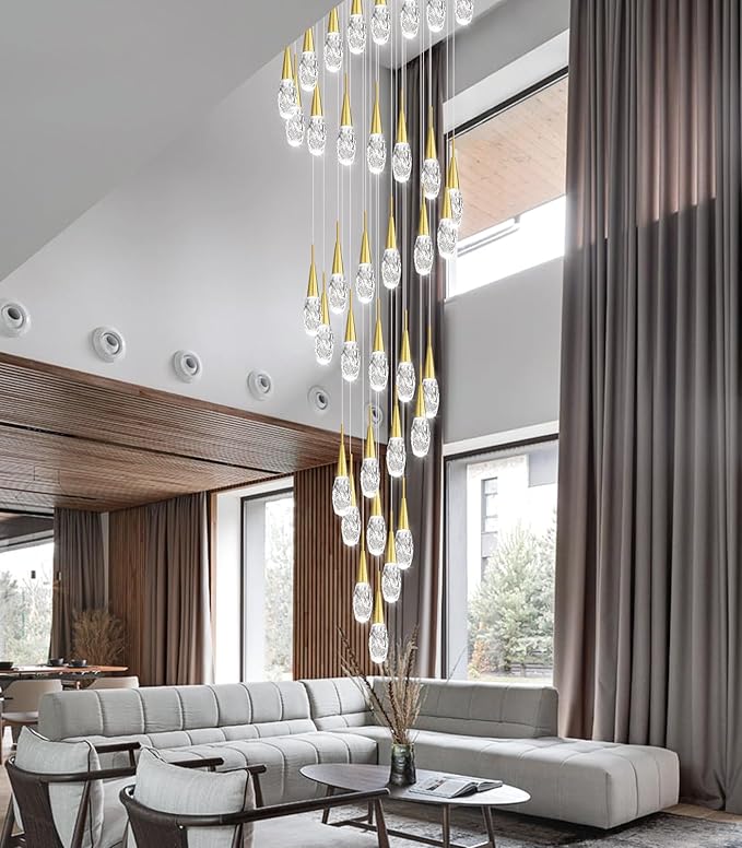 36-Lights 197 Inches Large Modern Chandelier LED Light Fixtures High Ceiling Long Light Chandelier for Entrance Foyer Dimmable Lights with Remote Living Room Ceiling Pendant Lighting Shine Gold