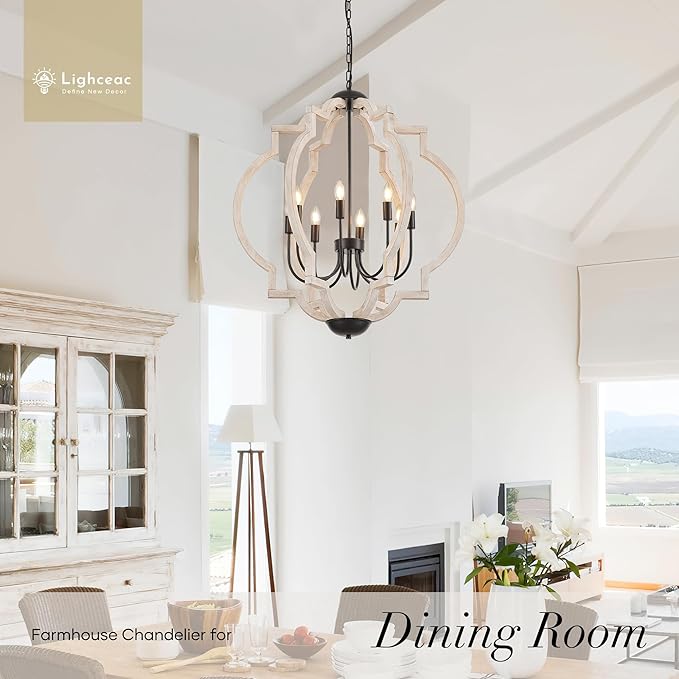 8-Light 30.5" Farmhouse Orb Chandelier Rustic Handmade Distressed White Wood Hanging Ceiling Pendant Light Fixture Wood Lantern Chandeliers for Dining Room Kitchen Bedroom Foyer Hallway