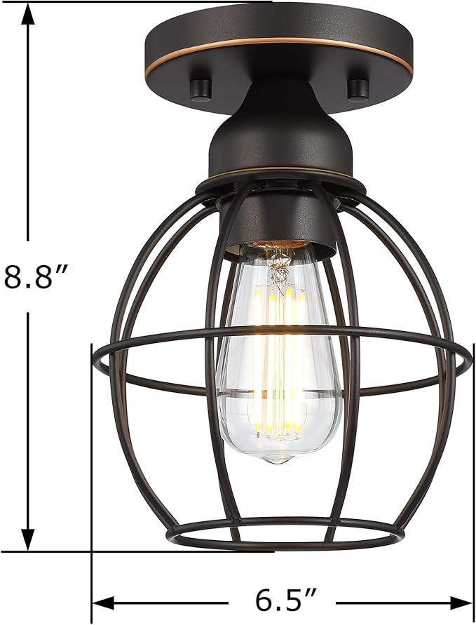 Farmhouse Ceiling Light Fixture, Vintage Semi Flush Mount Ceiling Light, Small Metal Cage Lighting Lamp for Hallway Entryway Kitchen Porch, Oil Rubbed Bronze Finish, 1-Pack