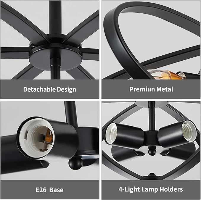 Semi Flush Mount Ceiling Light Chandelier,4-Light Ceiling Lighting Fixture,20" Farmhouse Style Flower Shape Hanging Light Fixtures Ceiling,Black(Bulbs NOT Included)