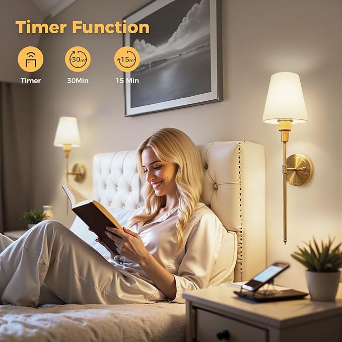 DORESshop Battery Operated Wall Sconce Set of 2, Wireless Wall Light Easy to Install, 15 Color Rechargeable Wall Sconces, Sconce Wall Decor Set of 2 for Bedroom, Living Room, Gold, 24.6in