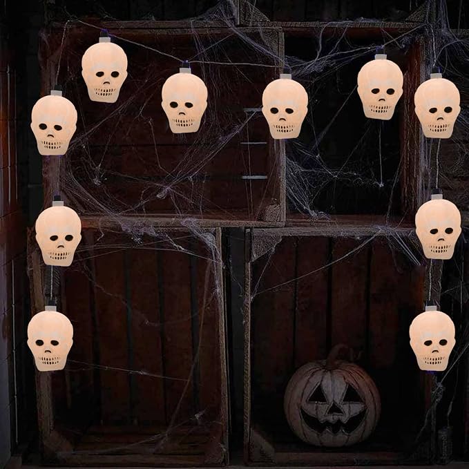 Halloween Skull String Lights - 8.5Ft Skeleton Decoration Halloween String Lights with 10 LED Mini Bulbs, Waterproof Skeleton Shape Lights for Indoor Outdoor Halloween Party Decor, Black Wire