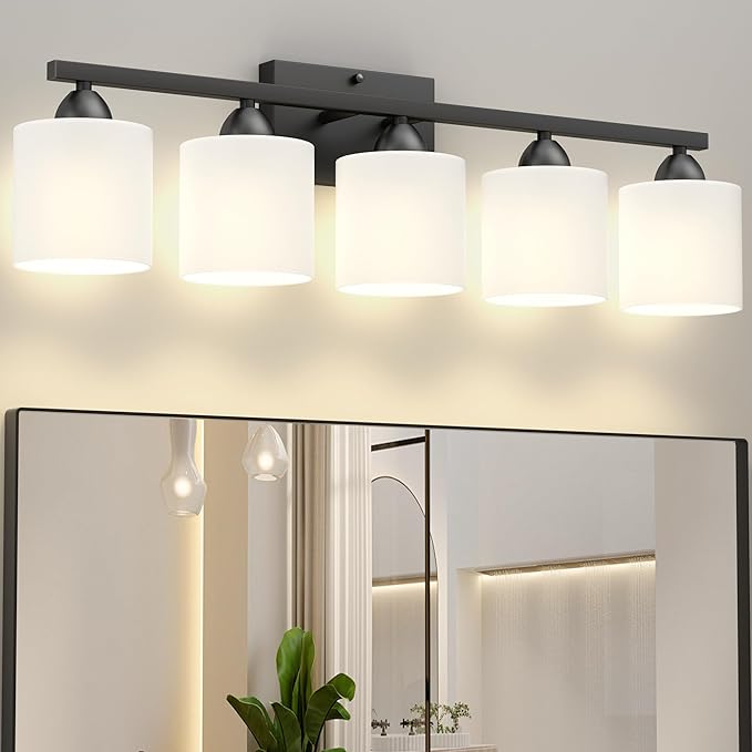 Black Bathroom Lighting Fixtures Over Mirror, 5-Light Anti-Rust Vanity Light for Bathroom, 28.34Inches Modern Wall Sconce, Standard E26 Base, Milky White Glass Shades, Bulbs Not Included