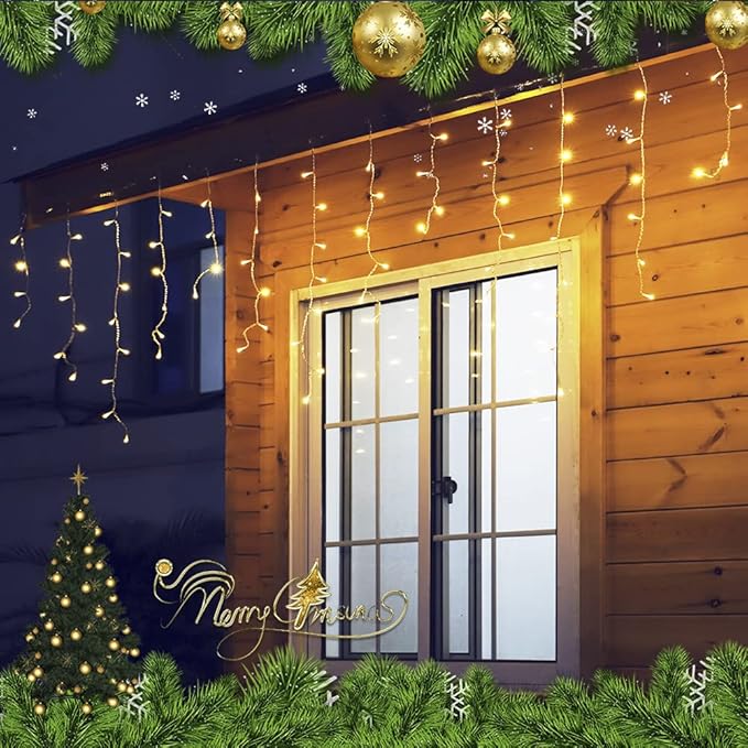 300L LED Icicle Lights, Warm White Window Curtain Lights,8 Modes with 30V Plug in for Wedding, Party, Bedroom, Home, Garden, Outdoor, Indoor Wall,Christmas Decorations,Connectable(Warm White)